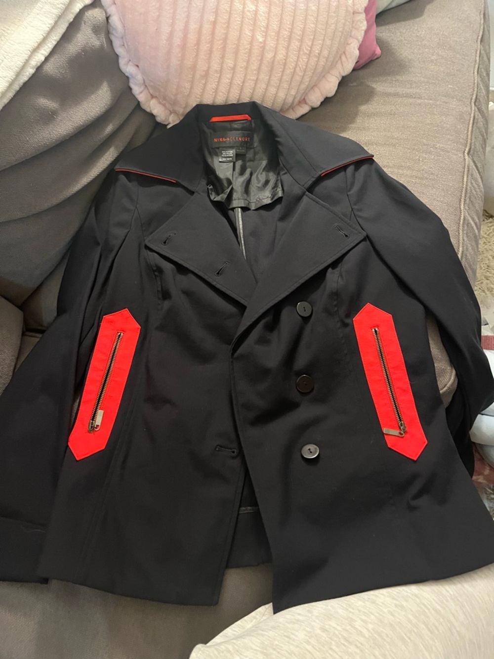 Black Peacoat with Red Zip-Trim Pockets by Nina Mclemore